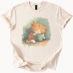Cozy Cat Coffee Graphic Tee Whimsical Watercolor Art